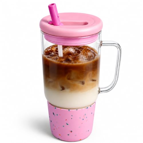 40oz Glass Tumbler with Flip Straw Lid, Handle, Silicone Sleeve, Pink | Leakproof Lid, Fits Car Cup Holder Glass for Iced Coffee, Water, Cold Drinks, Travel, Outdoor, Partys&Home - color: Pink