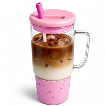 40oz Glass Tumbler with Flip Straw Lid, Handle, Silicone Sleeve, Pink | Leakproof Lid, Fits Car Cup Holder Glass for Iced Coffee, Water, Cold Drinks, Travel, Outdoor, Partys&Home - color: Pink