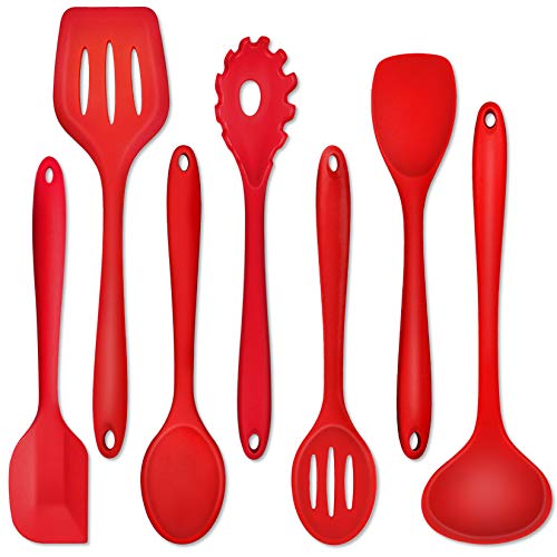 P&P CHEF Red Kitchen Utensils, Silicone Cooking Utensil Set of 7 | Soft Spatula for Nonstick Cookware, Slotted Turner, Soup Ladle, Pasta Server, Spoon for Cooking, Dishwasher Safe & Heat Proof - color: Red