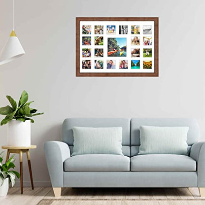 Brown Collage Frame With Mat - 20"x29" Outer Solid Wood Frame For Twenty 4"x4" and (1) 8"x8" Photos Rustic Brown Matted Instagram 4x4 Collage Photo Frame with Mat with Multi Opening Picture Matte