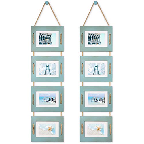 DLQuarts 5x7 Hanging Collage Picture Frames Wall Decor, 4-Opening 5x7 Matted to 3.5x5 Photo Rustic Wood Frame with Hemp Rope, 2 Pack, Ocean Blue - color: Ocean Blue, size: 5x7-2 Pack