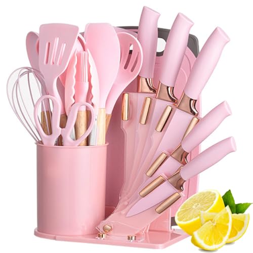 Kitchen Cooking Utensils and Knife Set with Block, 19 Pieces Cooks Cutting Set 11 Silicone Utensils Tool 5 Pcs Sharp Stainless Steel Chef Knives Scissors Whisk Tongs and Cutting Board (Pink) - color: Pink