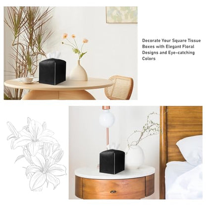 Tissue Box Holder Cover Square Tissue Cube Cover PU Leather Tissue Organizer with Bottom Belt for Bathroom, Tabletop, Kitchen, Night Stands, Office, Home, Car (1, Black) - color: Black