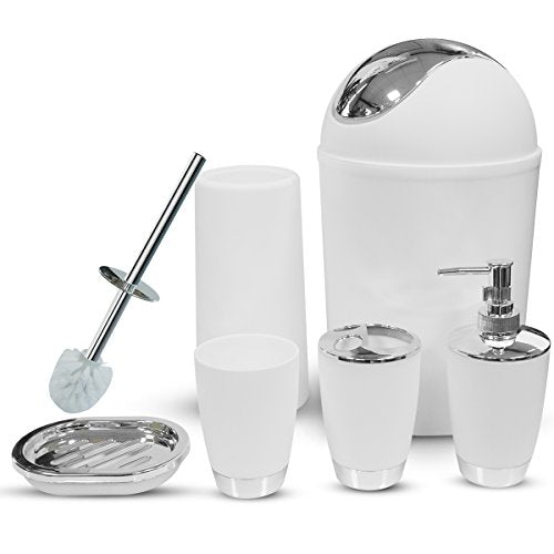Bathroom Accessories Set, 6-Piece Plastic Gift Set, Toothbrush Holder, Toothbrush Cup, Soap Dispenser, Soap Dish, Toilet Brush Holder, Trash Can (White) - color: White