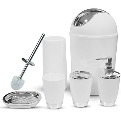 Bathroom Accessories Set, 6-Piece Plastic Gift Set, Toothbrush Holder, Toothbrush Cup, Soap Dispenser, Soap Dish, Toilet Brush Holder, Trash Can (White) - color: White