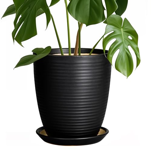 Ceramic Plant Pot - 8 Inch Ceramic Planter for Indoor Plants Glazed Round Flower Pot with Drainage Hole and Saucer Black - color: Matte Black, size: 8 Inch
