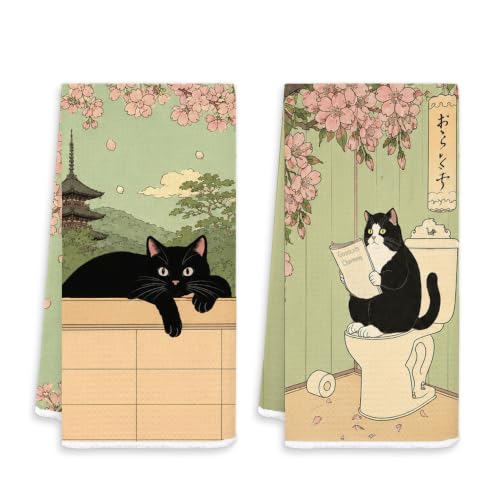 Funny Black Cat Japanese Bathroom Hand Towels 16x24 In Set of 2 YSZ-t | Sage Green Pink Cherry Blossom Funny Cat Decorative Hand Towels for Bathroom, Japanese Bathroom Decor - color: White-black Cat Set 2