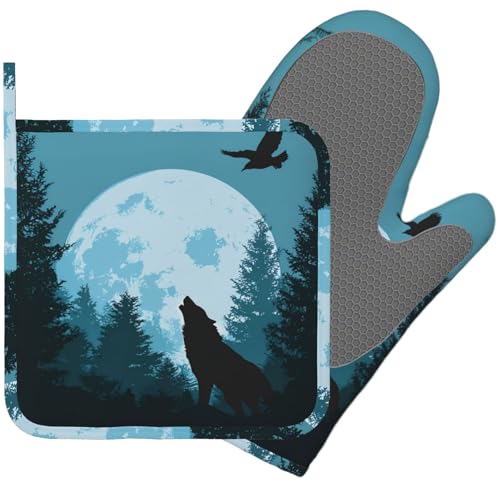 Wolves Howling in Night Heat-Resistant Oven Mitts and Pot Holder Full Moon Kitchen Non-Slip Silicone Cooking Microwave Gloves for Cooking Baking Grilling - color: Wolves Howling in Night