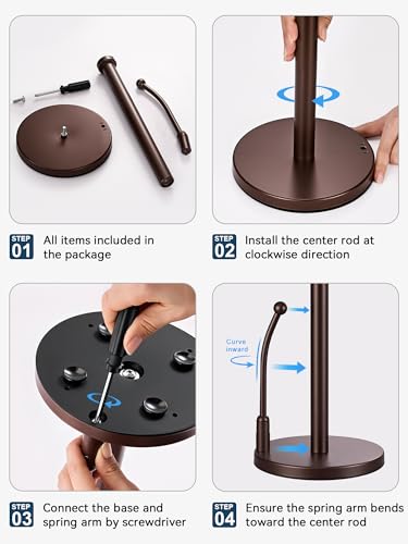 SMARTAKE Paper Towel Holder Countertop, Non-Slip Weighted Base, Bronze | Freestanding Kitchen Roll Dispenser, Rustproof Stainless Steel, Spring Arm for Easy Tear, Widden Top, with 4 Suction Cups - color: 06-bronze