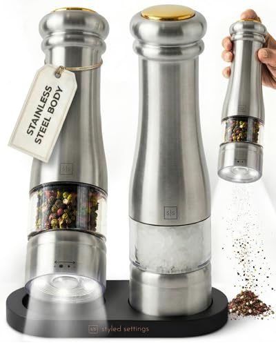 Styled Settings Electric Salt and Pepper Grinder Set, Silver | Automatic Stainless Steel Grinders, LED Light, Battery Operated, Adjustable Coarseness, Wood Base, Salt And Pepper Mill Set - color: Silver