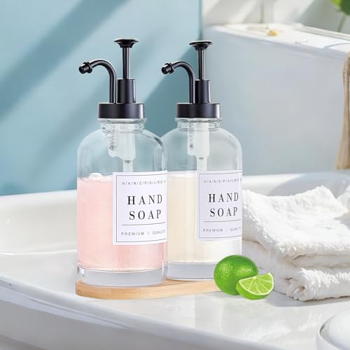 Dish and Hand Soap Dispenser,Set of 2 * 16.9oz | Glass Soap Dispenser with Black Pump,Tray,Funnel,500ML Countertop Soap and Lotion Dispenser for Kitchen, Bathroom,Shower - color: Ks-5010-34y-2b
