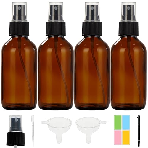 Dark Amber Glass Spray Bottles 4 oz, Small, Fine Mist, 4 Pack | For Essential Oils, Facial Care, Hair Care, Perfumes, Plants, Room Sprays, Travel, Cleaning Solutions