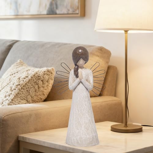 Hodao Praying Angel Figurine, 5.1in Hand-Painted Resin, Rustic Wood-Carved Look with Metal Wire Wings, Small Tabletop Decor for Home Indoor, Spiritual Figurines & Ornaments, Sympathy Gift - style: Z-praying-small