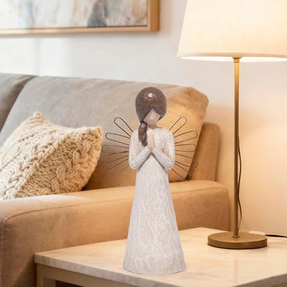 Hodao Praying Angel Figurine, 5.1in Hand-Painted Resin, Rustic Wood-Carved Look with Metal Wire Wings, Small Tabletop Decor for Home Indoor, Spiritual Figurines & Ornaments, Sympathy Gift - style: Z-praying-small