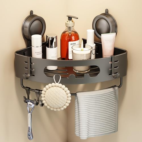 Voldra Corner Shower Caddy Suction Cup, Aluminum Corner Shower Shelves for Wall No Drilling, Large Suction Cup Shower Organizer with Towel Bar & Hooks Removable Bathroom Storage Rack(1 Pack-Gray) - color: Grey-Corners, size: 1 Pack
