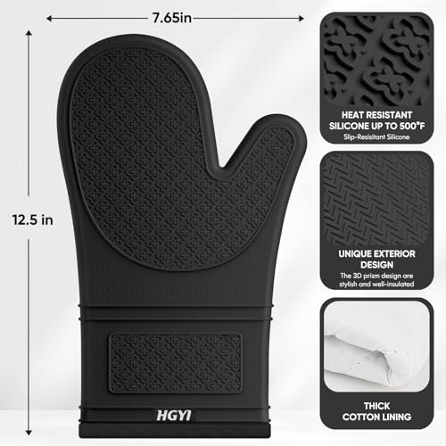 Silicone Oven Mitts, Heat Resistant Oven Gloves with Quilted Liner, Waterproof & Non-Slip Kitchen Mittens for Baking Cooking BBQ, 500°F, 12.5"-Black - color: Black