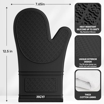 Silicone Oven Mitts, Heat Resistant Oven Gloves with Quilted Liner, Waterproof & Non-Slip Kitchen Mittens for Baking Cooking BBQ, 500°F, 12.5"-Black - color: Black