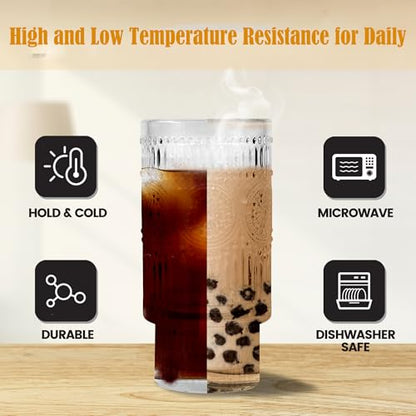 Glass Cups with Lids and Straws 16 oz Drinking Glasses Set of 8 | Ribbed Hobnail Glassware with Bamboo Lid, Iced Coffee Glass Tumbler with Straw and Lid for Hot Cold Drinks Home Kitchen - color: 16oz Mixed*8, size: 16oz