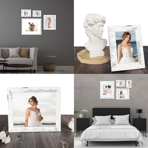 iRahmen 5x7 Picture Frame Set of 4, High Definition Glass Distressed White Frame, 5 x 7 Wood Photo Frames for Tabletop Display and Wall Mounting - color: Distressed White, size: 5X7
