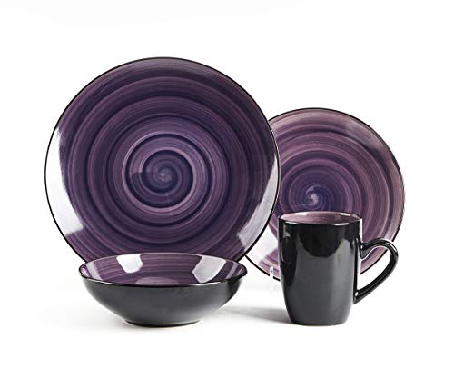 HomeVss Sonoma 16 Piece Stoneware Dinner Set, Samoa, Outside Black + Inside Hand painted Combi Colors of Grey, Orange, Purple and Turquoise) with speckle - color: Combi Grey, Orange, Purple and Turquoise