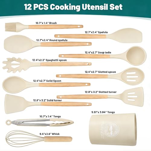 Silicone Cooking Utensil Set,12 PCS Cooking Kitchen Utensils Set, Nonstick Kitchen Utensils 446°F Heat-Resistant Cookware Kitchen Tools of Spoon,Brush,Whisk,Spatula,Turner Tongs (Khaki) - color: Khaki