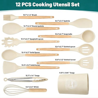 Silicone Cooking Utensil Set,12 PCS Cooking Kitchen Utensils Set, Nonstick Kitchen Utensils 446°F Heat-Resistant Cookware Kitchen Tools of Spoon,Brush,Whisk,Spatula,Turner Tongs (Khaki) - color: Khaki