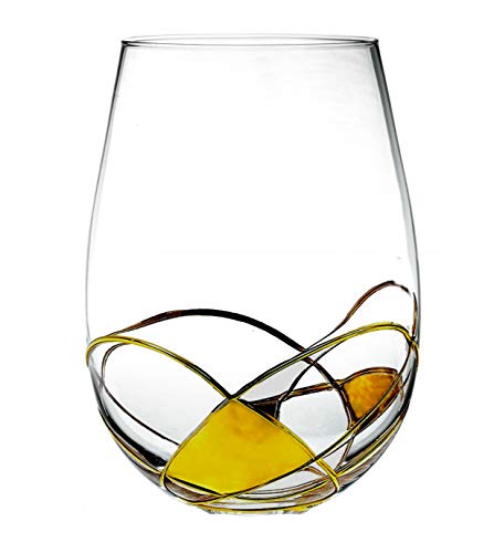 Bezrat Stemless Wine Glasses Set of Two | Hand Painted Large Premium Red and White Wine glasses | Lead-Free Crystal | Essential Wine Gift | 18 Ounces (Gold) - color: Gold, size: 18 Ounces