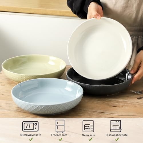 HASENSE Ceramic Pasta Bowls, 42 OZ Ceramic Salad Bowl Set of 4, Large Serving Plate Bowls,Embossment Stoneware Wide and Shallow Pasta Plates for Fruits, Noodle,Colorful - color: Colorful