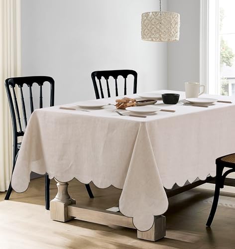 100% French Flax Linen Tablecloths Scalloped Embroidery Rectangle 132Lx60W Inch for Dinners, Parties, Spring, Machine Washable, 12-14 Sets, Linen(Edges-Green) - color: Linen(edges-green), size: 132" x 60" (Rectangular)