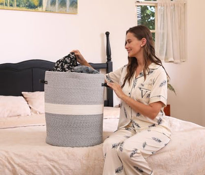16"x20" Extra Large Cotton Rope Basket with Zipper Lid, Woven Laundry Hamper and Blanket Storage Basket, Round Clothes Bin for Living Room Bedroom, Dual Grey - color: Dual Grey