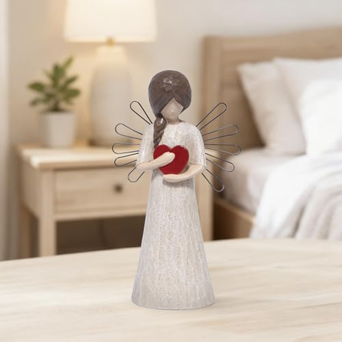 Hodao Angel Figurine with Red Heart, 5.1" Resin Wood-Carved Look with Metal Wire Wings, Hand-Painted Indoor Home Decorations, Spiritual Holiday Decor Ornaments, Gift-Ready Box - style: Z-holding heart-small