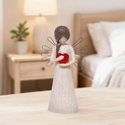 Hodao Angel Figurine with Red Heart, 5.1" Resin Wood-Carved Look with Metal Wire Wings, Hand-Painted Indoor Home Decorations, Spiritual Holiday Decor Ornaments, Gift-Ready Box - style: Z-holding heart-small