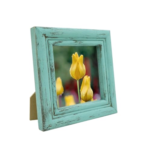 4x4 Picture Frame Made of Solid Wood High Definition Glass Rustic Antique Designs Small Photo Frame for Tabletop Display and Wall Mounting, Distress Blue - color: Distress Blue B, size: 4" X 4"