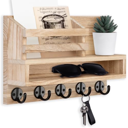 Key and Mail Holder Wall Mount, Key Holder with Long Storage Box | Key Hanger with Mail Slot,5 Key Hooks for Coat, Dog Leash, Home Decor Rack, House Accessories, Entry Way Organizer - color: Wood, size: Standard - 11.8 Inch