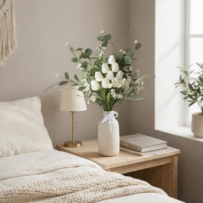 22 Stems White Faux Tulip Bouquet with Eucalyptus | Real touch petals, bendable stems, mixed daisies, farmhouse centerpiece, wedding and Mother's Day decor, no vase - color: Pure White