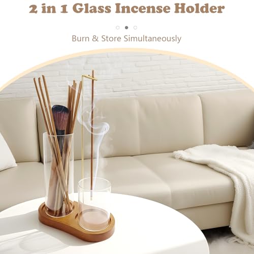 2 in 1 Glass Incense Holder and Burner with Ash Catcher and Stick Storage,Anti-Ash Flying, Mess-Free for Meditation Yoga Spa Gift Home Decor