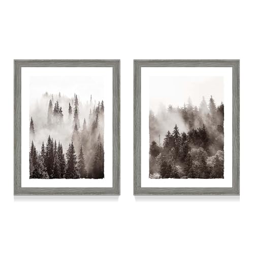 Forest Framed Wall Art Bedroom: Living Room Office Black and White Misty Pine Tree Picture 2 Piece 16x20 Vertical Modern Nature Landscape Painting Artwork Home Mountain Scenery Print - color: Forest, size: 16"x20"x2Pcs