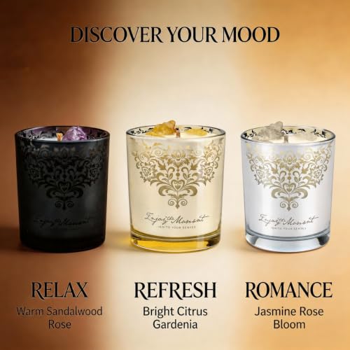 Luxury Candle Gift Set for Women, 3x7oz, Trimmer & Snuffer Lid | Soy candles: Scent Warm Sandalwood Rose, Bright Citrus Gardenia & Jasmine Rose Bloom, natural crystals, 120-hour burn