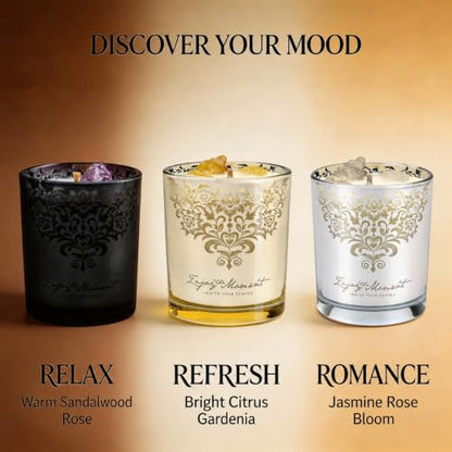 Luxury Candle Gift Set for Women, 3x7oz, Trimmer & Snuffer Lid | Soy candles: Scent Warm Sandalwood Rose, Bright Citrus Gardenia & Jasmine Rose Bloom, natural crystals, 120-hour burn