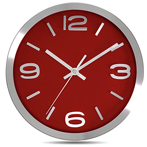 Bernhard Products Metal Wall Clock Modern Silver & Wine 10 Inch Silent Non Ticking, Red Round Elegant Quality Quartz Battery Operated for Home Kitchen Living Room Office, 3D Numbers - color: Silver & Wine