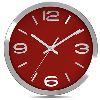 Bernhard Products Metal Wall Clock Modern Silver & Wine 10 Inch Silent Non Ticking, Red Round Elegant Quality Quartz Battery Operated for Home Kitchen Living Room Office, 3D Numbers - color: Silver & Wine