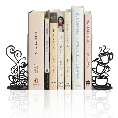 Coffee Cup Book Ends for Shelves Metal Bookends Black Heavy Duty Decorative | Unique Cookbook Organizer Book Holder Book Stopper for Library Cafe, Gift for Kitchen Housewarming Cooking Book Lover Gifts - color: Black