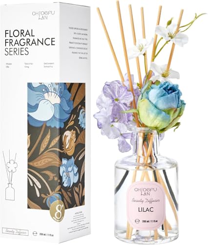 Chloefu Lan Lilac Reéd Diffuser Oil, 6.7 oz Refreshing Natural Essential Scented Oil with Purple Flower Diffuser Sticks,Bathroom Decor, Home & Office Decor,Diffuser Oil Gift Set - color: Lilac