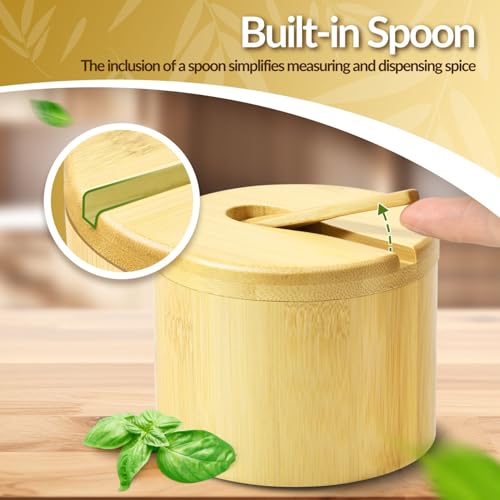 Flexzion Bamboo Salt Cellar with Lid and Spoon, Salt and Pepper Box, 2 Pack | 6 Oz Salt Containers for Countertop Storage with Magnetic Swivel Lids for Pepper, Spices, Sugar, Herbs, and Seasonings