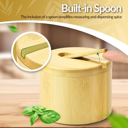 Flexzion Bamboo Salt Cellar with Lid and Spoon, Salt and Pepper Box, 2 Pack | 6 Oz Salt Containers for Countertop Storage with Magnetic Swivel Lids for Pepper, Spices, Sugar, Herbs, and Seasonings