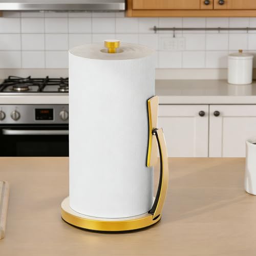 VEHHE Paper Towel Holder Countertop, Paper Towel Holder with Spring Activated Arm and Damping Effect, Simply Tear Paper Towel Stand for Bathroom and Kitchen (Gold) - color: Gold, size: Suction Base