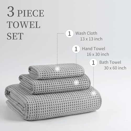 MICROFI New Microfiber Waffle Bath Towels, 3 Pieces, Oversized, Soft, Absorbent, Fast Drying, Lint Free, Includes Bath, Face and Hand Towels 430 GSM - color: Silver