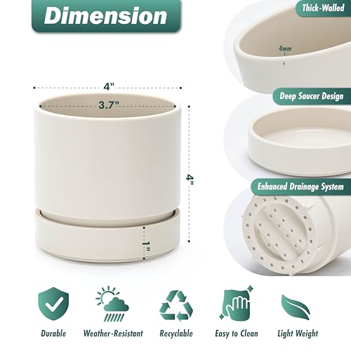 Phoenix Vine 4 Inch Planter Pot with Drainage Hole & Saucer, Deep Water Catch Tray, Straight Cylindrical Round Pot for Plants, Oatmeal, Pack of 1, 23-E-R-1 - color: Oatmeal, size: 4" (1 Pack)