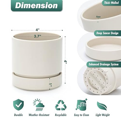 Phoenix Vine 4 Inch Planter Pot with Drainage Hole & Saucer, Deep Water Catch Tray, Straight Cylindrical Round Pot for Plants, Oatmeal, Pack of 4, 23-E-R-4 - color: Oatmeal, size: 4" (4 Pack)