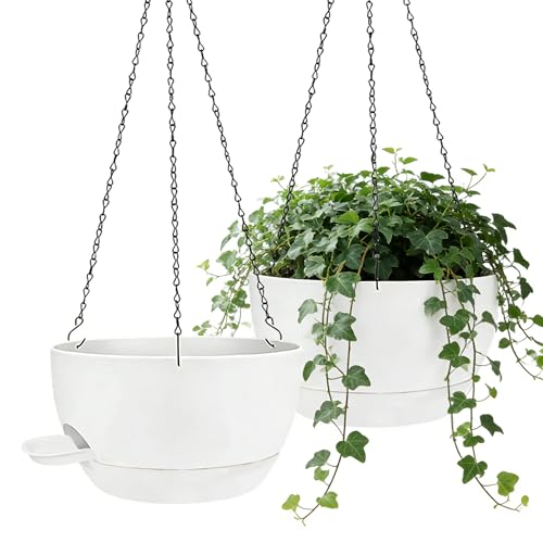 12 Inch Self Watering Hanging Planters 2 Pack, White | Plastic planters with drainage holes and saucers. Suitable for indoor, outdoor, kitchen, balcony and garden plant decor. - color: White
